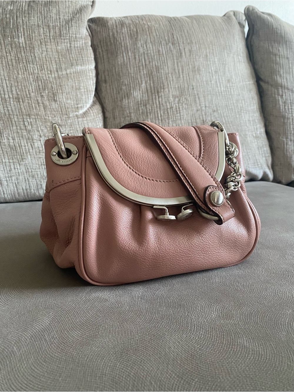 B. Makowsky Pink Leather Shoulder Bag with Chain Accent